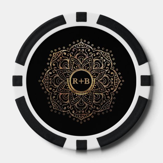 Black Gold Foil Mandala Boho Wedding Monogram Pokerchips (Vorderseite)