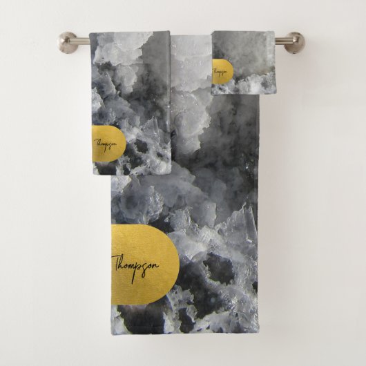 Black Gold Foil Sea Crystals Signature Script Badhandtuch Set (Insitu)