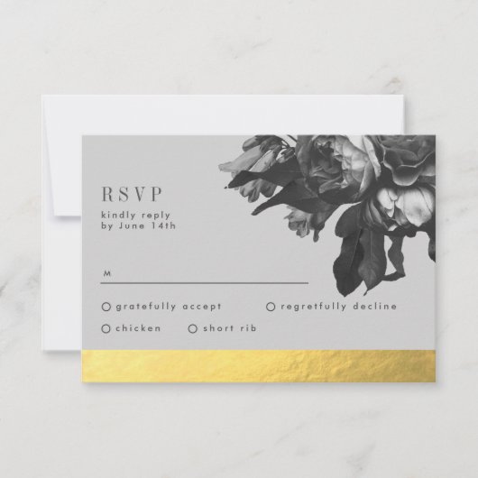 Black Gold Foil Stripe Rose Bouquet Wedding RSVP Karte (Vorderseite)