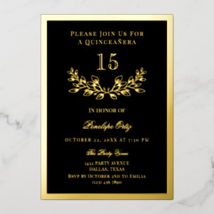 Black & Gold Foil Wreath Quinceañera Folieneinladung