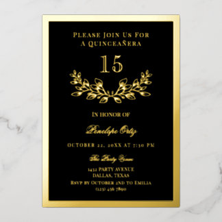 Black & Gold Foil Wreath Quinceañera Folieneinladung