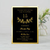 Black & Gold Foil Wreath Quinceañera Folieneinladung (Stehend vorne)