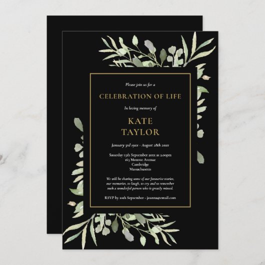 Black Gold Foliage Celebration of Life Funeral Einladung (Vorne/Hinten)