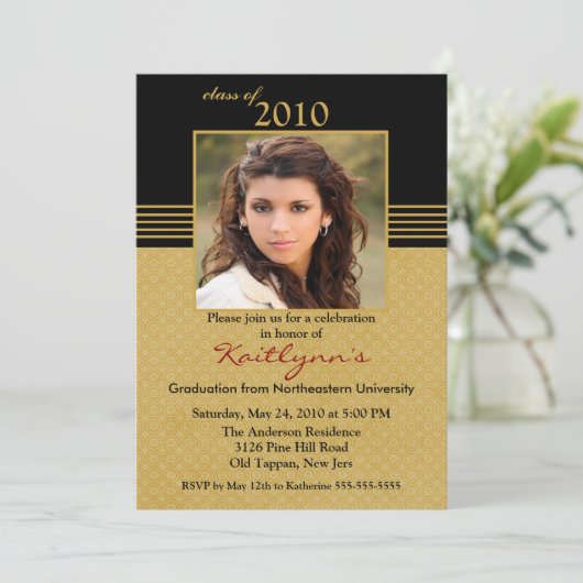 Black & Gold Foto Abschluss Einladung (Stehend Vorderseite)