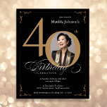 Black Gold Foto Budget 40. Geburtstag Einladung<br><div class="desc">Black Gold Foto Budget 40. Geburtstag Einladung. Und elegant gestaltete,  besondere Geburtstagsfeier-Einladung,  mit einem individuellen Foto von Geburtstagsmenschen und Drehkalligraphie mit Vintagen blühend Elementen. Einfach genug,  um eine Vielzahl von Themen und Farben anzupassen! Brauchst du Hilfe? Kontaktieren Sie mich einfach!</div>