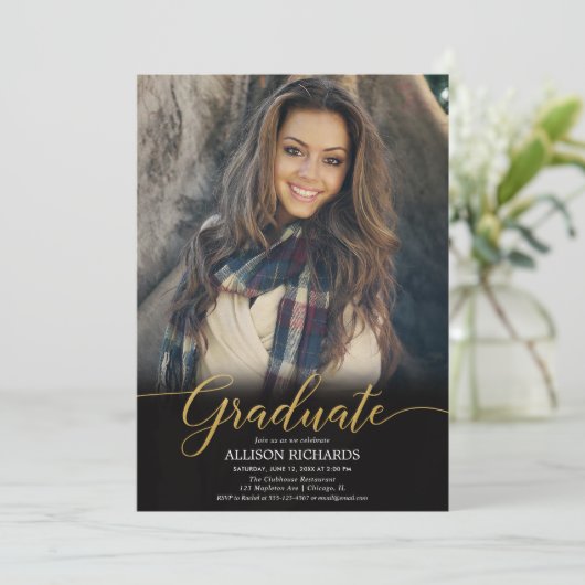 Black Gold Foto Graduierungsparty, modern und eleg Einladung (Stehend Vorderseite)