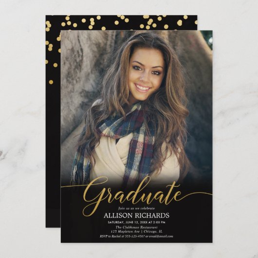 Black Gold Foto Graduierungsparty, modern und eleg Einladung (Vorne/Hinten)