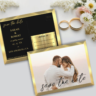 Black & Gold Foto Hochzeit Postkarte