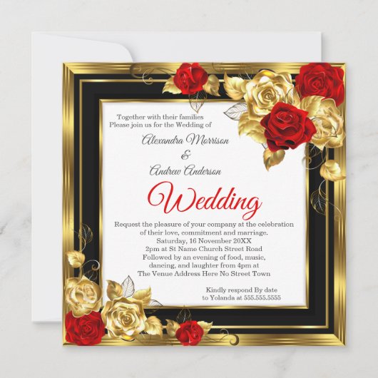Black Gold Foto Hochzeit Red Gold Rose Einladung (Vorderseite)