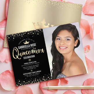 Black Gold Foto Quinceañera Glitzer Tiara Girly Einladung