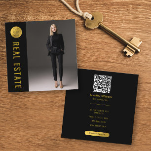 Black & Gold Foto Real Anwesen Agent QR Code Quadratische Visitenkarte
