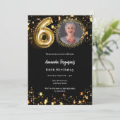 Black Gold Foto Stars 60. Geburtstag Luxus Einladung (Stehend Vorderseite)