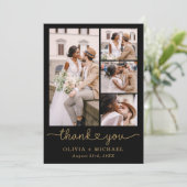 Black Gold Four Foto Collage Script Hochzeit Dankeskarte (Stehend Vorderseite)