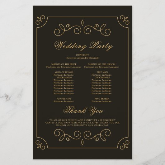 Black Gold Frame Borders Wedding Program Card (Rückseite)