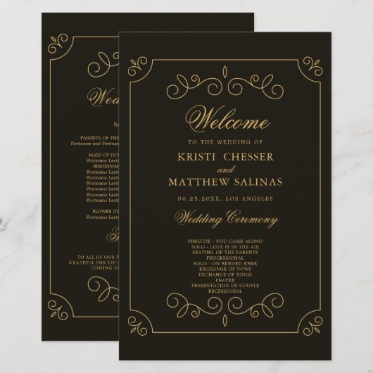 Black Gold Frame Borders Wedding Program Card (Vorne/Hinten)