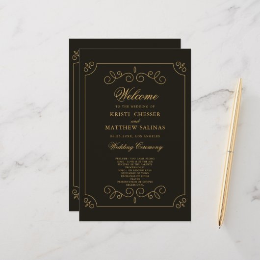 Black Gold Frame Borders Wedding Program Card (Vorderseite/Rückseite Beispiel)