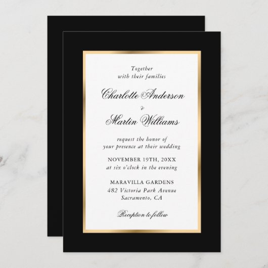Black Gold Frame Elegante Script Hochzeit Einladung (Vorne/Hinten)