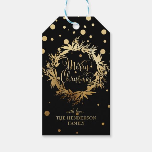 Black Gold Frohe Weihnachten Eukalyptus Wreath Geschenkanhänger (Vorderseite)