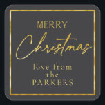 Black Gold Frory Christmas ID1009 Quadratischer Aufkleber<br><div class="desc">Wenn Sie sich fragen, welche Farbkombinationen Sie für Ihre Weihnachtsdekoration und Geschenkartikel in diesem Jahr auswählen sollten, habe ich Sammlungen von aufeinander abgestimmten Mustern erstellt, um das Leben ein wenig leichter zu machen. Dieser 'Frohe Weihnachten' Aufkleber enthält einen matten schwarzen Hintergrund und einen goldenen Text mit einer Vorlage, um Ihren...</div>