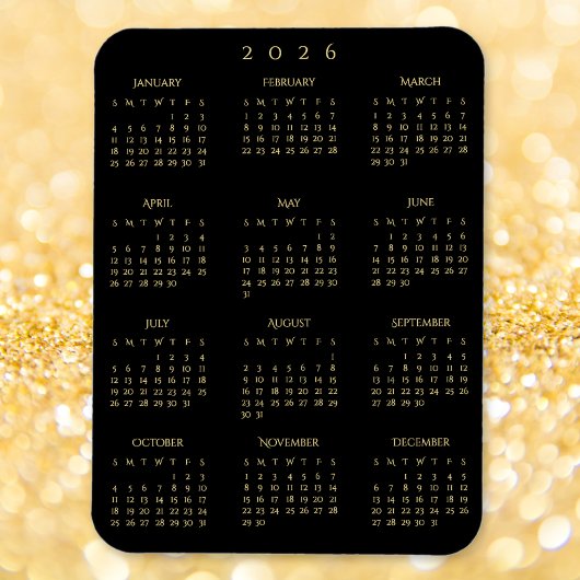 Black Gold Full Year 2026 Calendar Fridge Kitchen Magnet