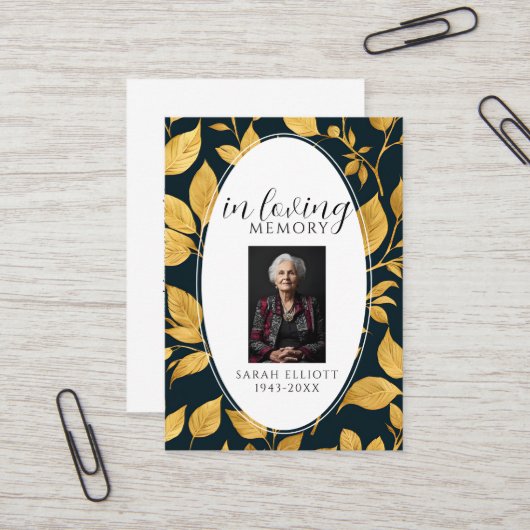 Black & Gold Funeral Memorial Prayer Photo Card Visitenkarte (Vorderseite/Rückseite Beispiel)
