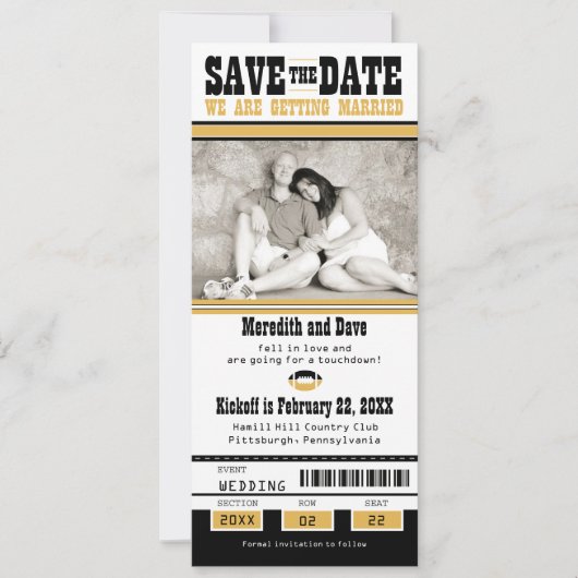 Black Gold Fußball Ticket Hochzeit Sichern Sie das Save The Date (Vorderseite)