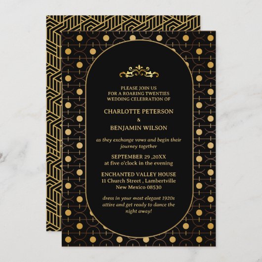 Black & Gold Gatsby Art Deco 1920er Hochzeit Einladung (Vorne/Hinten)