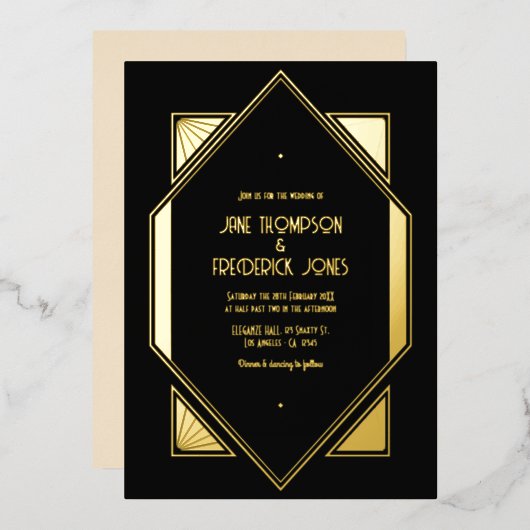 Black & Gold Gatsby Art Deco Wedding Folieneinladung (Vorderseite/Rückseite)