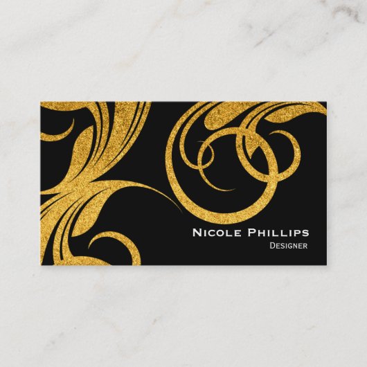 Black & Gold Geblüht Swirl Chic Business Card Visitenkarte (Vorderseite)