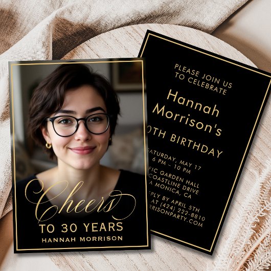 Black & Gold Geburtstag Foto bis 30 Jahre Einladung