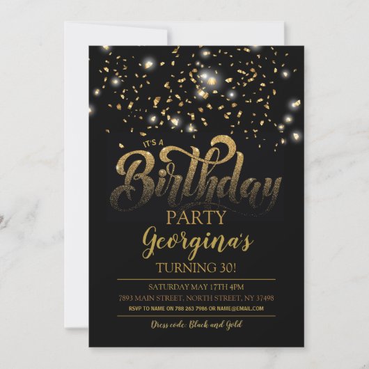Black & Gold Geburtstagsparty Einladung Sparkasse (Vorderseite)