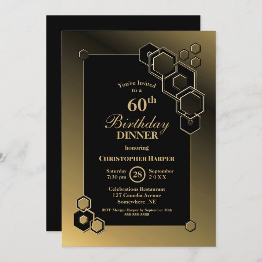 Black Gold Geometric 60. Geburtstag Party Einladung (Vorne/Hinten)