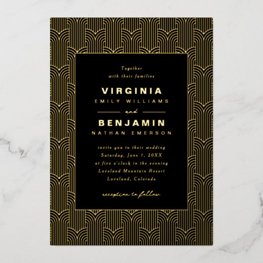 Black Gold Geometric Wedding Folieneinladung (Vorderseite)