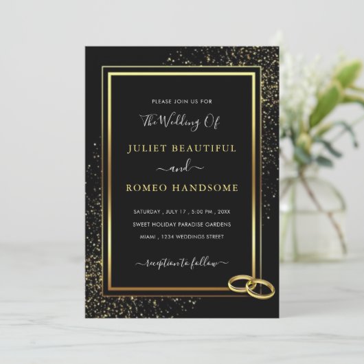 Black Gold Gerahmt Glitzer Hochzeitseinladung (Stehend Vorderseite)