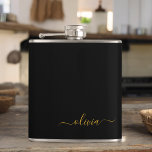 Black Gold Girl Script Monogram Name Modern Flachmann<br><div class="desc">Gold und Schwarz Monogramm Fügen Sie Ihren eigenen Namen Party Flask hinzu. Das macht den perfekten 16 Geburtstag,  Hochzeit,  Brautparty,  Jubiläum,  Babydusche oder Junggeselinnen-Abschied Geschenk für jemanden,  der Lieben glamourösen Luxus und schicke Stile.</div>
