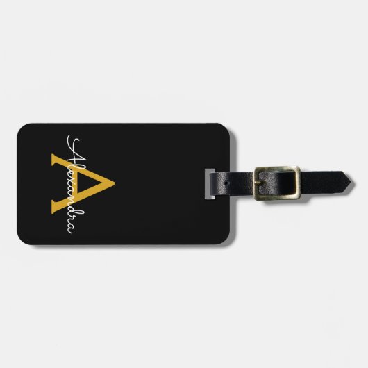 Black Gold Girl Script Monogram Name Modern Gepäckanhänger (Vorderseite horizontal)