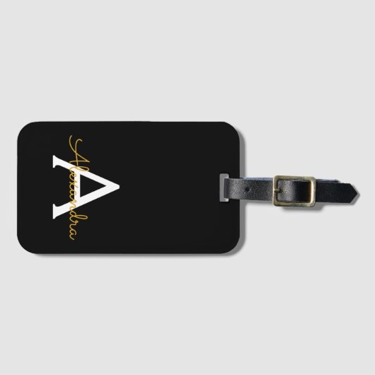 Black Gold Girl Script Monogram Name Modern Gepäckanhänger (Vorderseite (Horizontal))