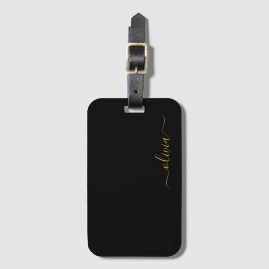 Black Gold Girl Script Monogram Name Modern Gepäckanhänger (Vorderseite Vertikal)