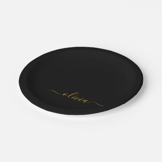 Black Gold Girl Script Monogram Name Modern Pappteller (Schrägansicht)