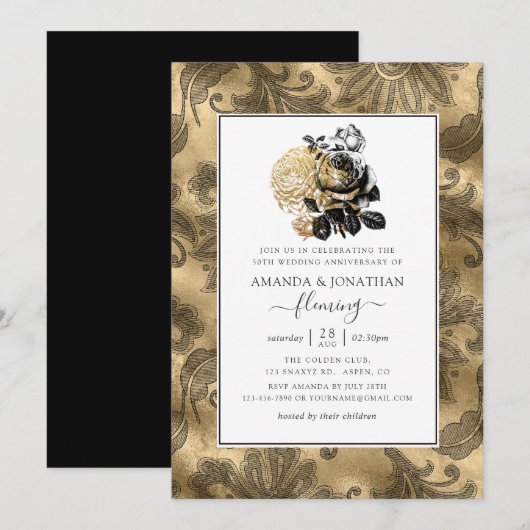 Black & Gold Glam 50. Goldener Hochzeitstag Einladung (Vorne/Hinten)