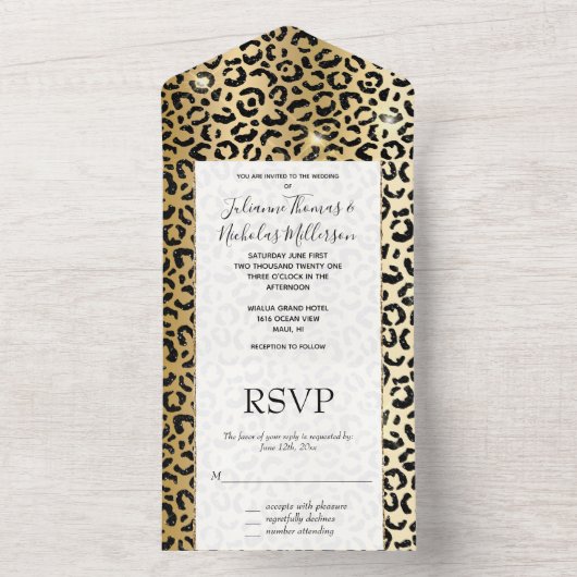 Black Gold Glam Glitzer Leopard All In One Einladung (Innen Boden)