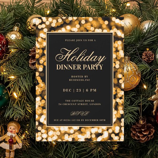 Black & Gold Glam Lights Holiday Dinner Party Einladung
