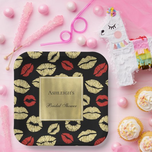 Black Gold Glam Lips Brautparty Pappteller (Party)