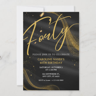 Black & Gold Glitter 40th Birthday Invitation   Einladung