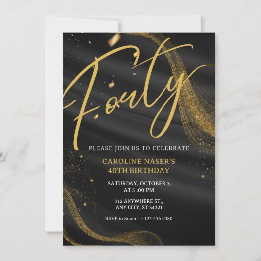 Black & Gold Glitter 40th Birthday Invitation   Einladung (Vorderseite)