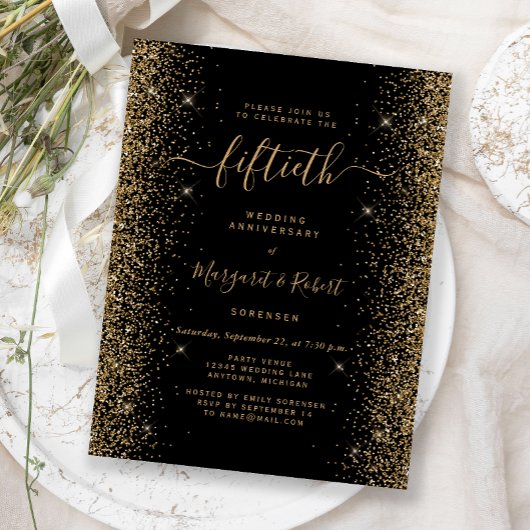 Black Gold Glitter 50th Anniversary Party Postkarte