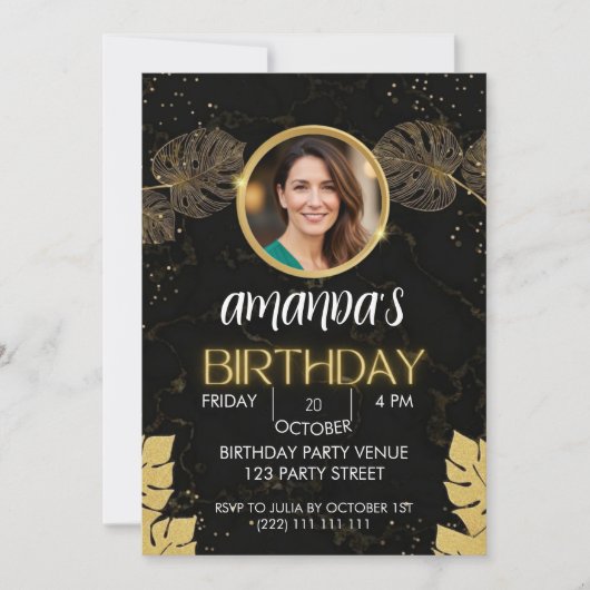 Black Gold Glitter Birthday Invitation Einladung (Vorderseite)