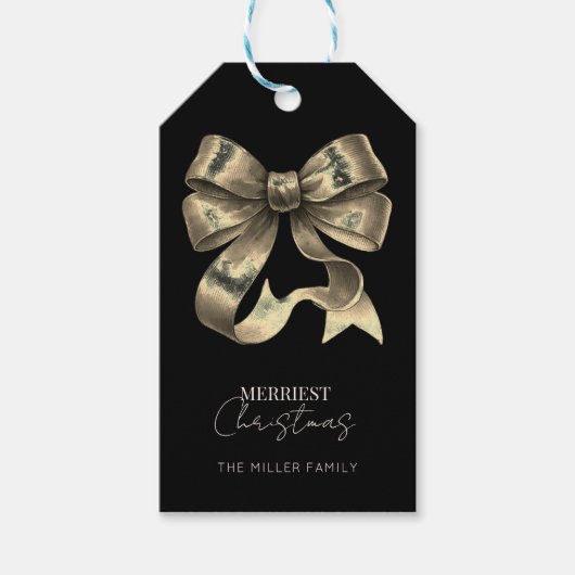 Black Gold Glitter Bow Weihnachten Geschenkanhänger (Vorderseite)