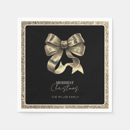 Black Gold Glitter Bow Weihnachtspapier Napkin Serviette (Vorderseite)