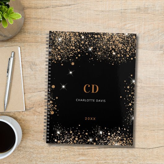 Black gold glitter dust monogram initials notizblock